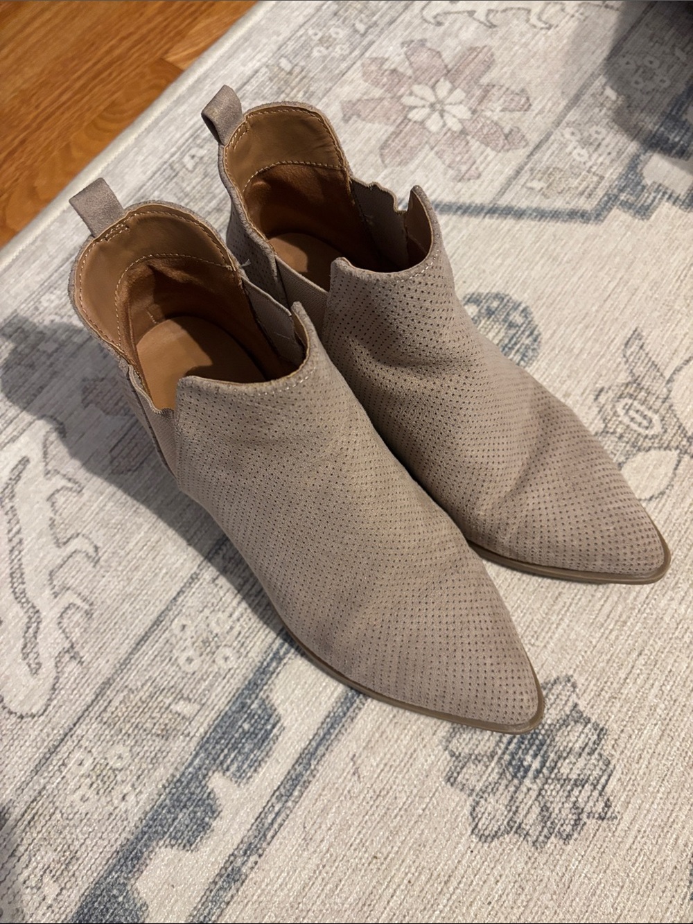 Universal Thread Perforated Pointed Toe Ankle Booties in Taupe